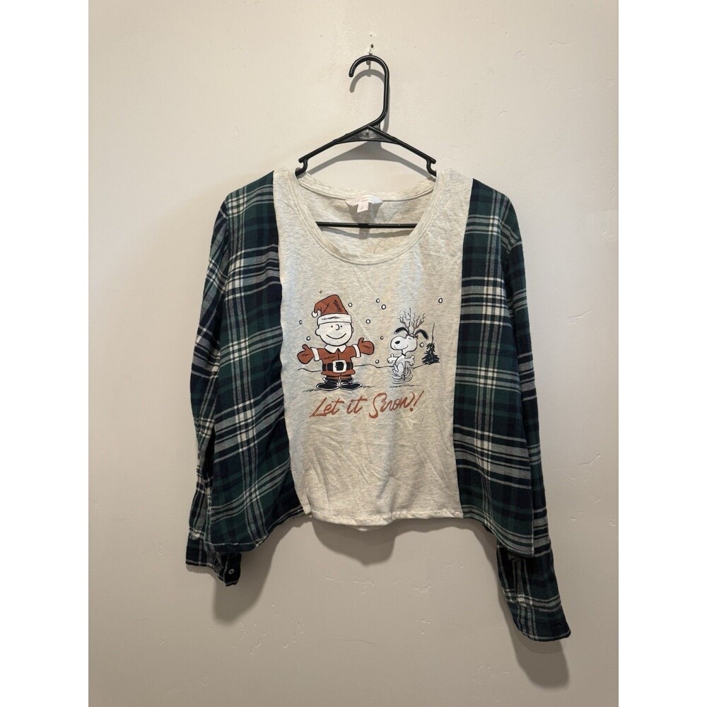 Rework Upcycle Grunge Oversize Crop Snoopy Cozy Winter Christmas Top S/M